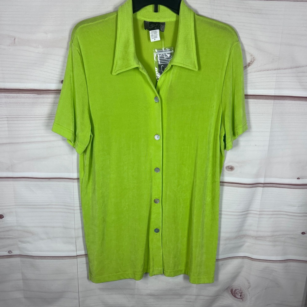 Slinky Brand Button Up Shirt Womens M Lime Green Short Sleeve Top Tunic Travel